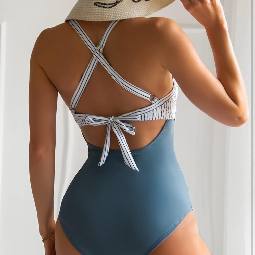 Striped Blue One Piece Swimsuit - Picture 3 of 4